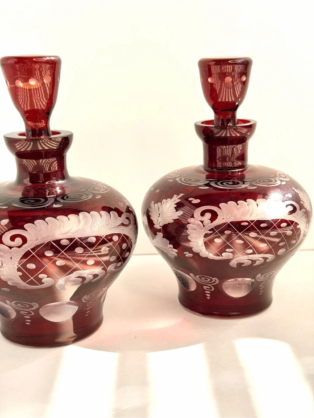 Egermann Ruby Cut To Clear Bohemian CZECH ART GLASS Bottles w/ Stoppers Set of 2